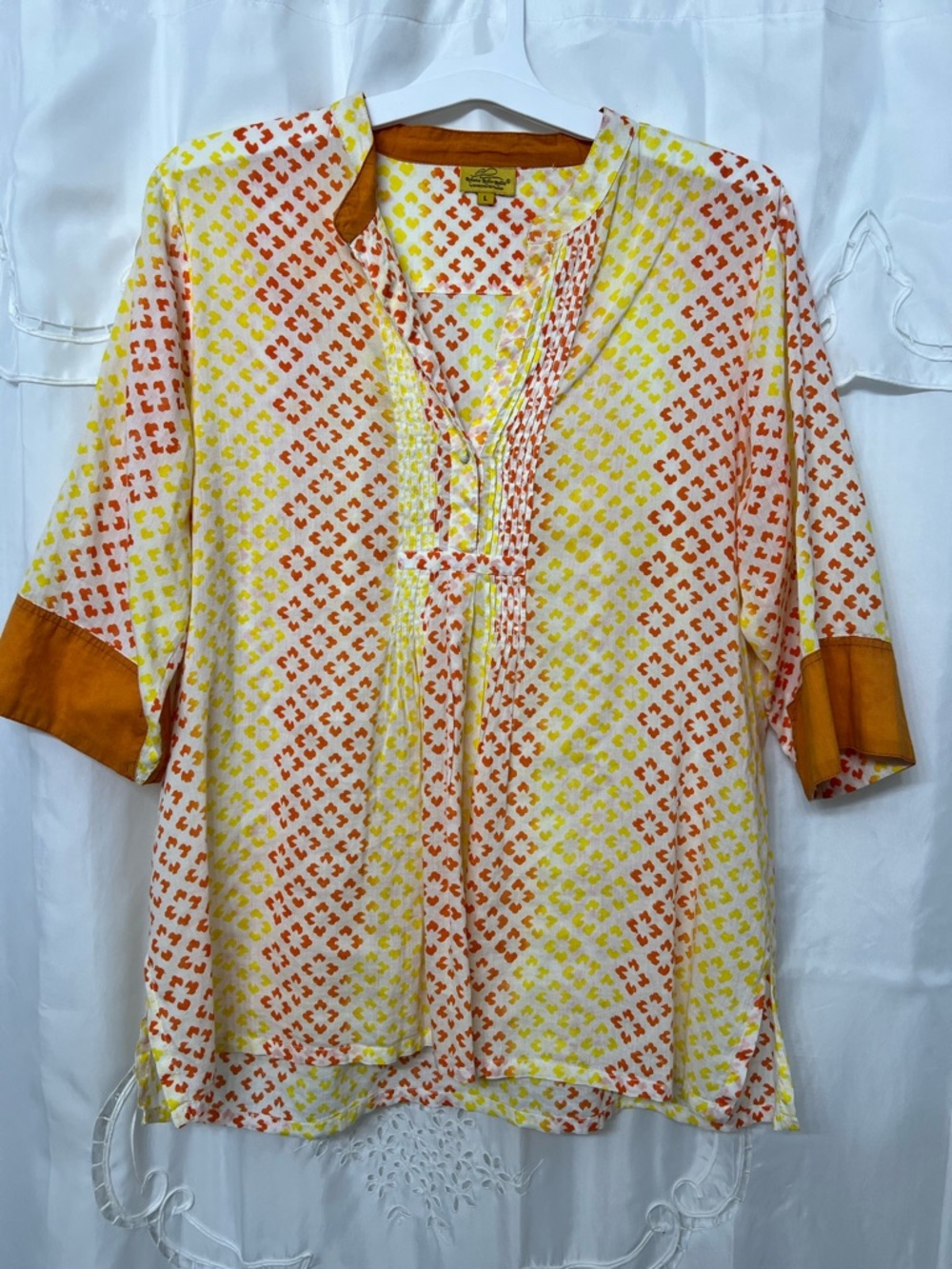 Roberta Roller Rabbit L 100% Cotton Block Print Pintuck Tunic Orange Yellow